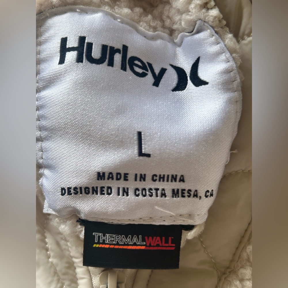 Hurley Cream Sherpa Quilted Hooded Jacket Oversized Cozy Fleece Puffer Hybrid L - Picture 9 of 9